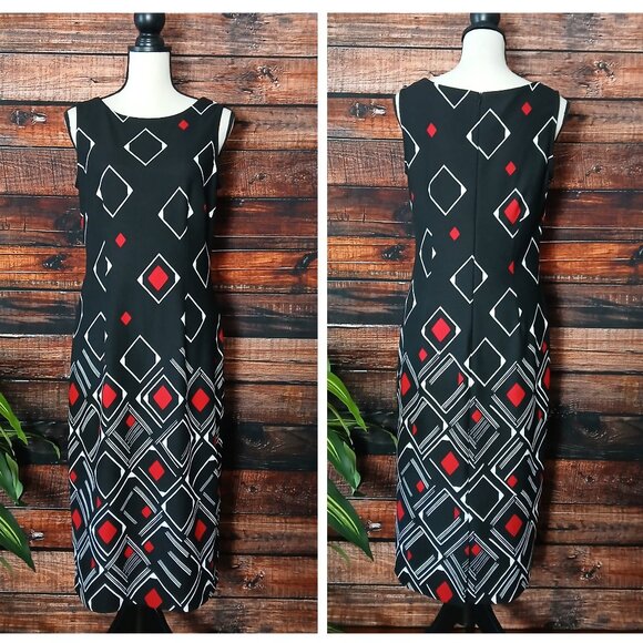 Maya Brooke Dress 8 Pencil Sheath Black Red Diamond Stretch Zip Back - Picture 2 of 9